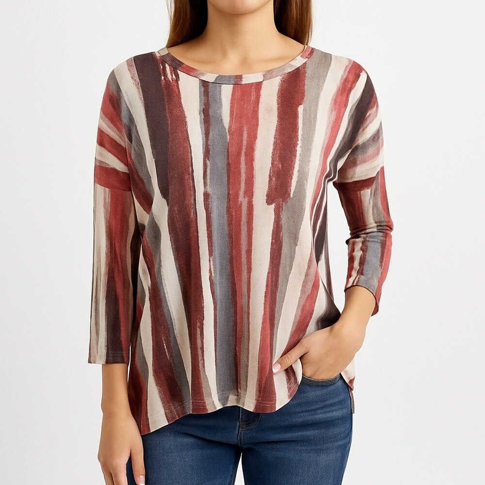 NWT Multicolor Striped 3/4 Sleeve Stretch Knit Top S Boho Casual Lightweight